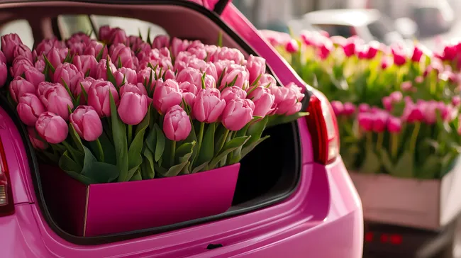 Pinkfarbenes Auto mit üppiger Tulpenfracht
