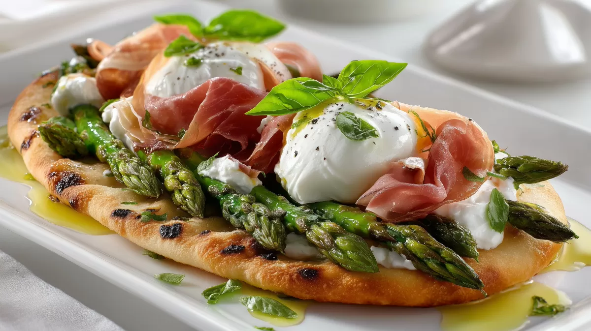 Pinsa Bianca mit Spargel und Burrata zum Frühling