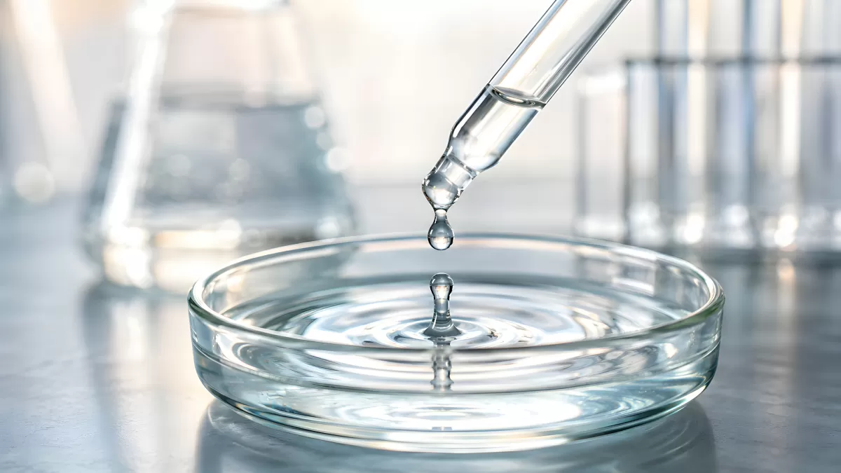 Pipette tropft Flüssigkeit in Petrischale im Labor