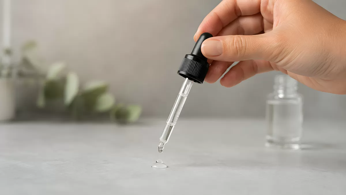 Pipette tropft klare Flüssigkeit auf graue Oberfläche