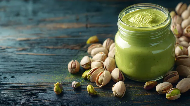 Pistazien-Creme in Glas mit Zutaten auf Holztisch