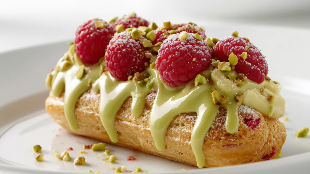 Pistazien Eclairs mit Himbeeren und grüner Glasur