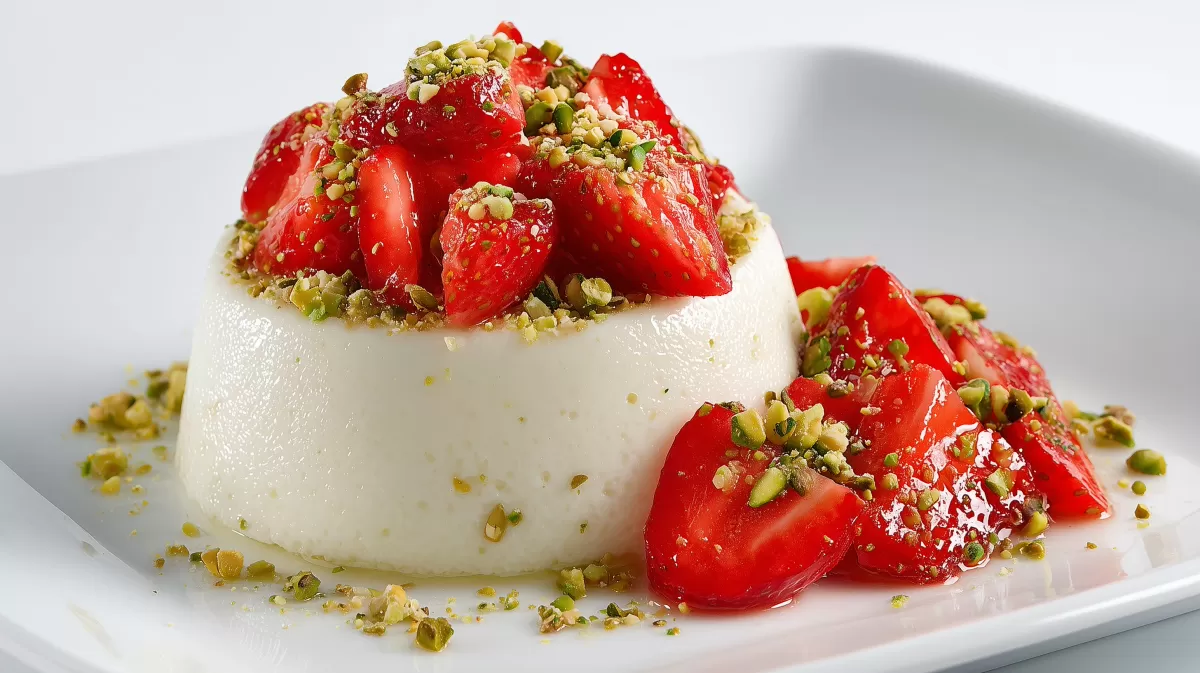 Pistazien Panna Cotta mit Erdbeeren photoreal
