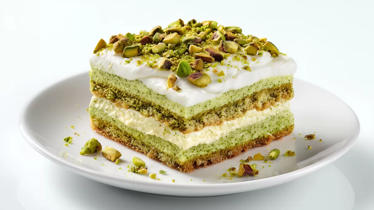 Pistazien Tiramisu mit Mascarpone auf weißem Teller