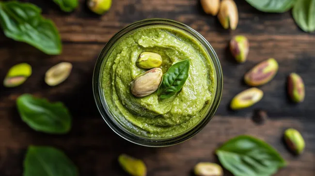 Pistazienbutter in Glasbehälter mit Pistazien