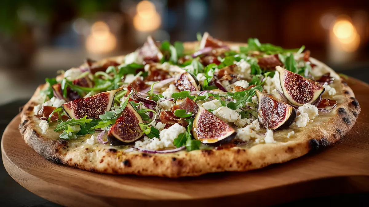 Pizza Bianca mit Ziegenkäse und Feigen auf Holzbrett