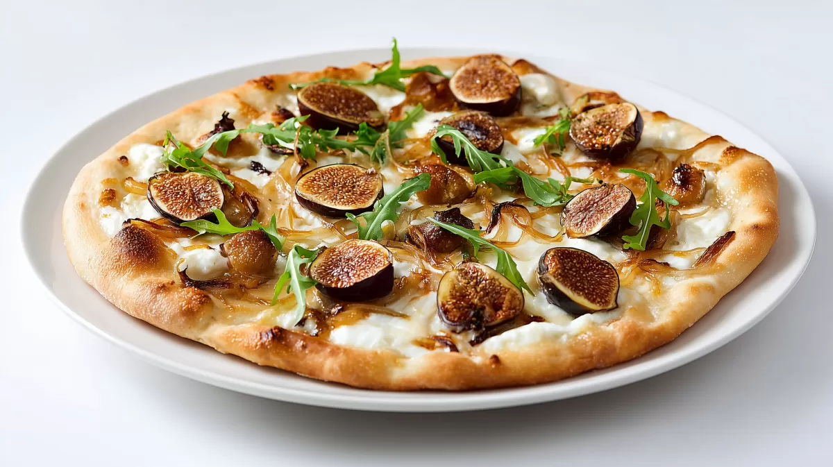 Pizza Bianca mit Ziegenkäse und Feigen auf Teller
