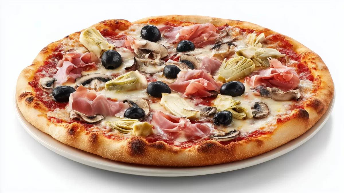 Pizza Capricciosa mit Schinken, Artischocken und Oliven