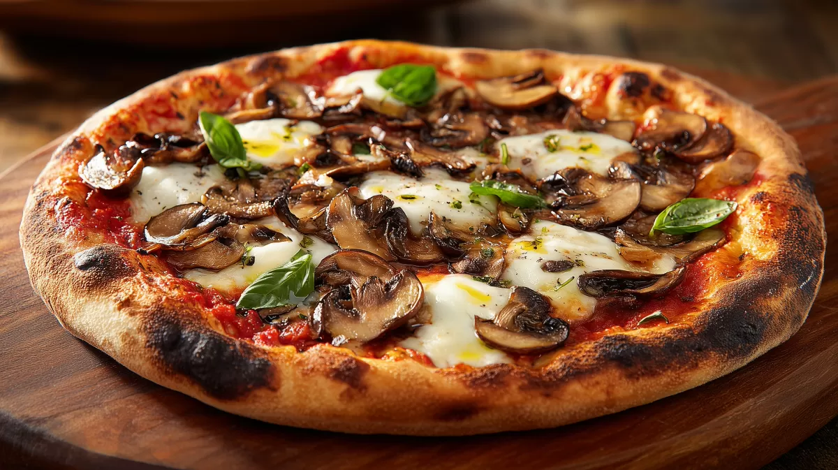 Pizza Funghi mit Pilzen und Mozzarella auf Holzbrett
