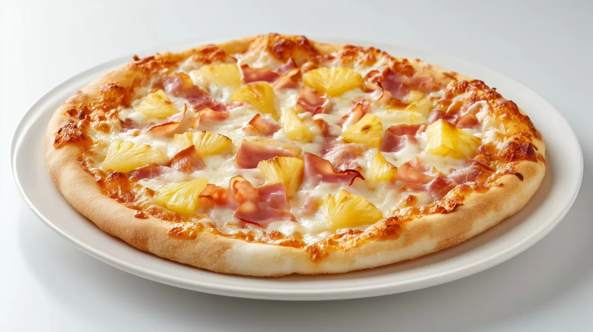 Pizza Hawaii mit Schinken und Ananas auf Teller