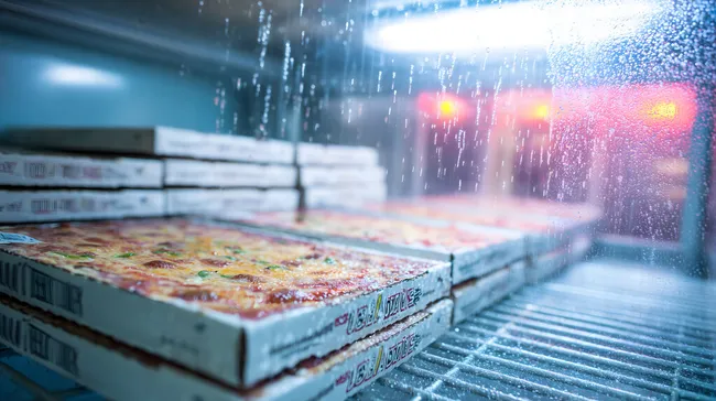Pizza-Kartons in einem Gefrierschrank bei Regen