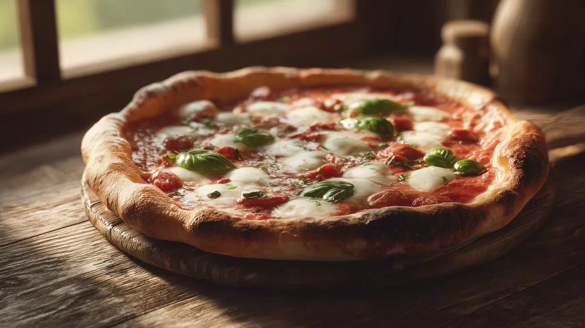 Pizza Margherita auf rustikalem Holzbrett am Fenster