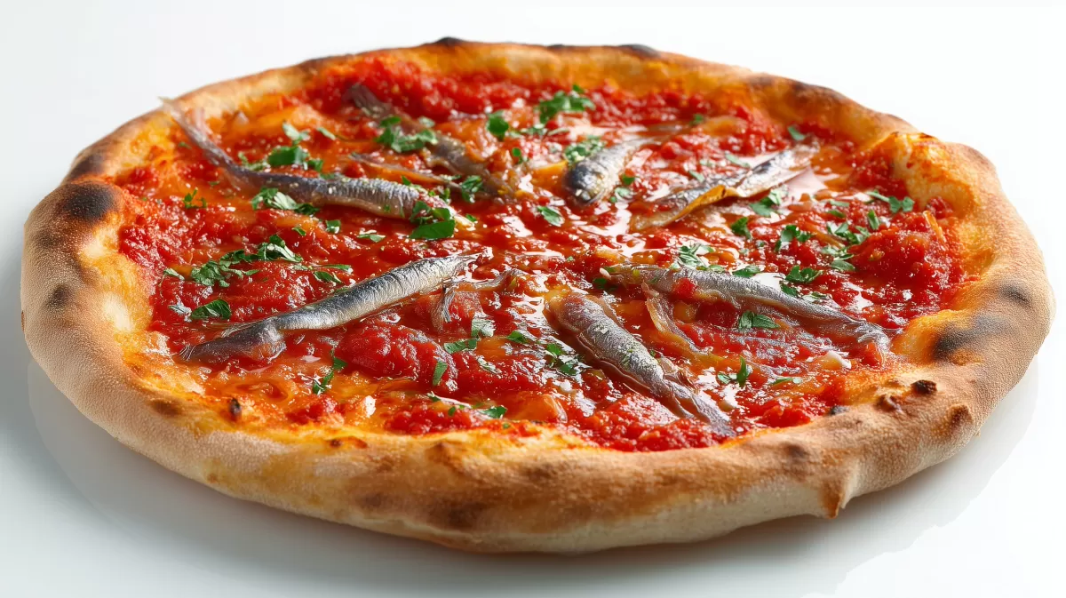 Pizza Marinara mit Sardellen und Tomatensauce