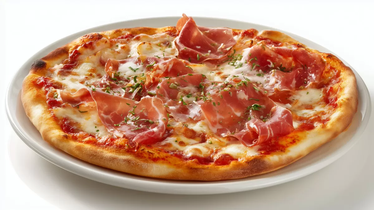 Pizza Prosciutto mit Mozzarella auf weißem Teller