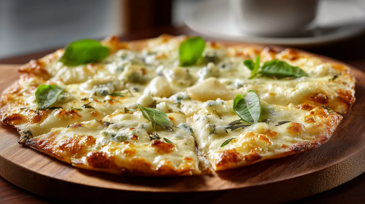 Pizza Quattro Formaggi mit Basilikum auf Holzbrett