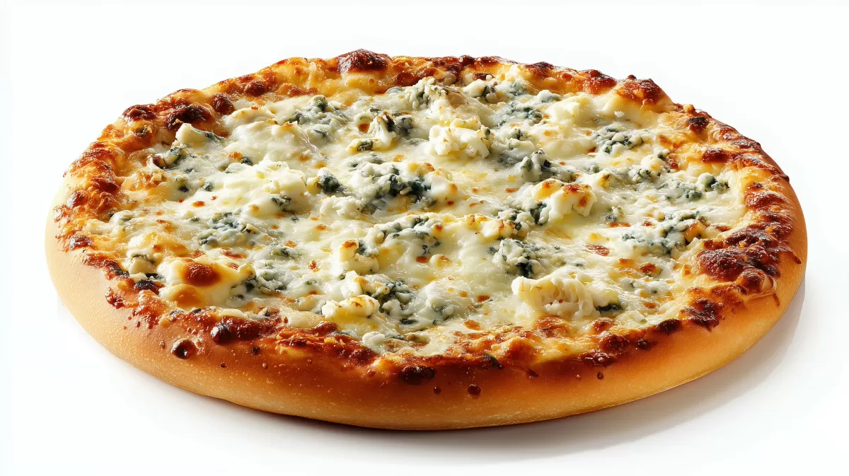 Pizza Quattro Formaggi mit Gorgonzola auf Weiß
