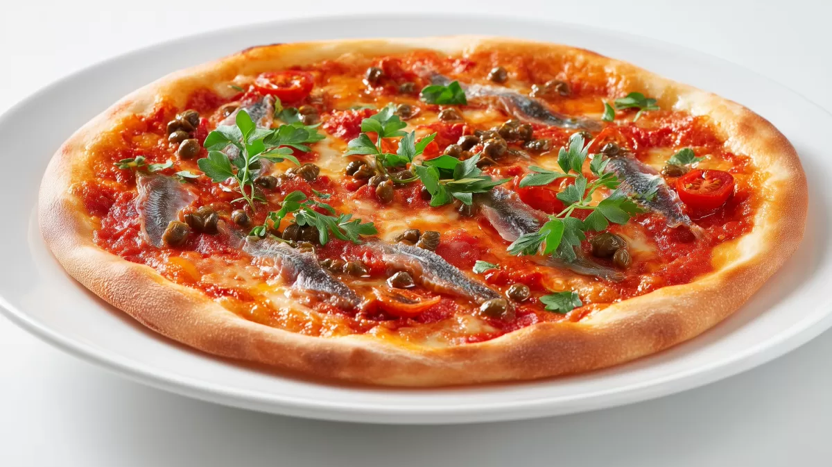 Pizza Romana mit Sardellen, Kapern und Tomaten