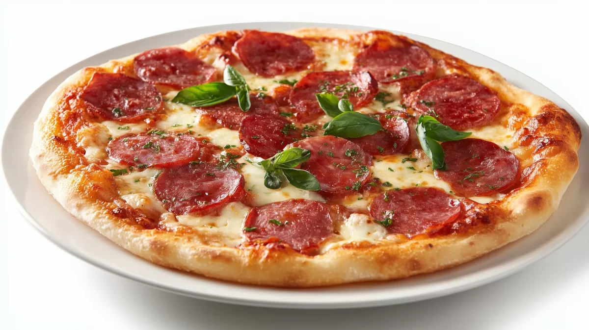 Pizza Salami mit Mozzarella und frischem Basilikum