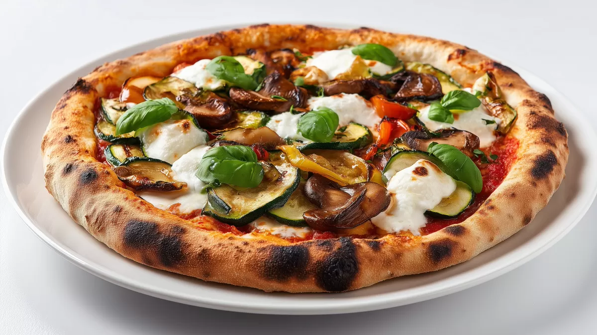 Pizza Vegetariana mit Zucchini, Pilzen und Burrata