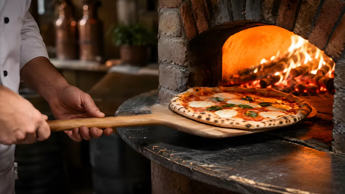 Pizzabäcker zieht Margherita aus Holzofen