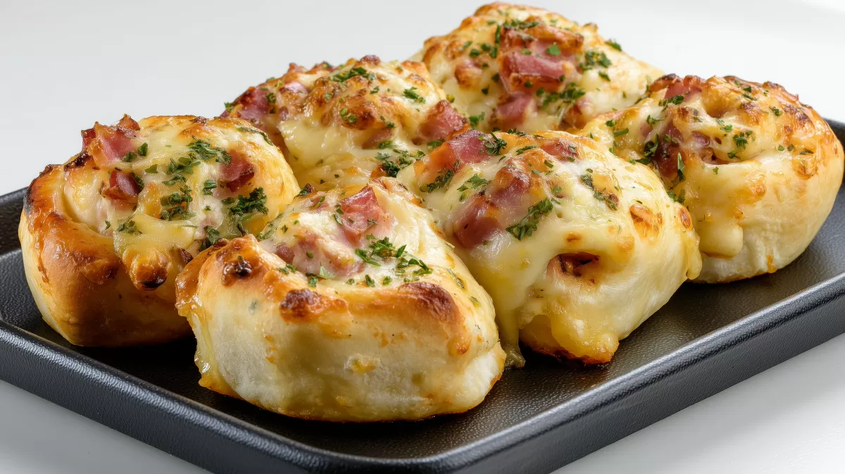 Pizzabrötchen mit Schinken und Käse auf Backblech