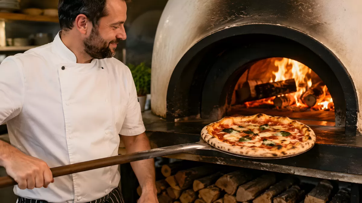 Pizzaiolo holt Steinofenpizza aus dem Holzofen