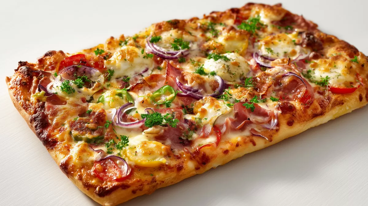 Pizzateig für ein Blech mit buntem Gemüsebelag