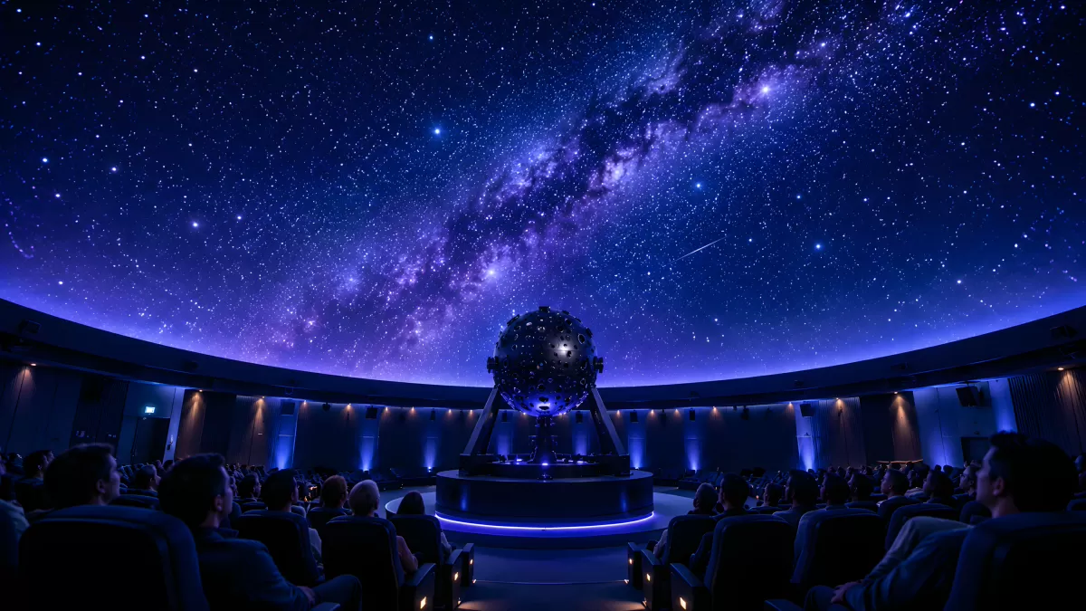 Planetarium mit Milchstraße und Publikum bei Vorführung — Bild kostenlos herunterladen