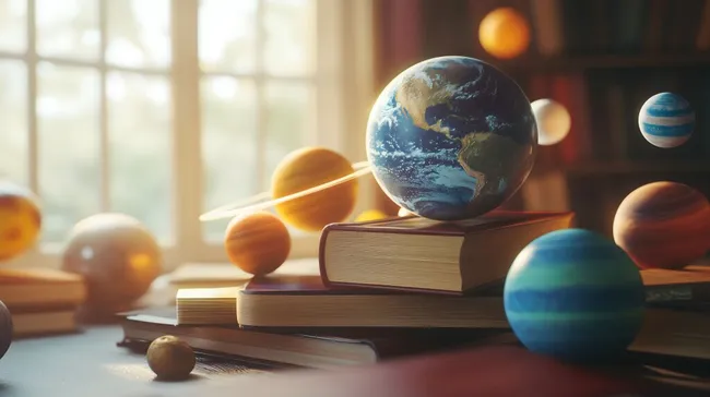 Planeten-Modelle und Bücher im Sonnenlicht