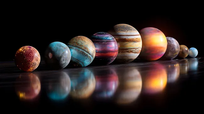 Planetensystem in leuchtendem Farbspiel auf schwarzem Hintergrund