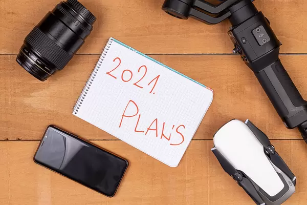 Planning 2021 year concept with photography and drone equipment