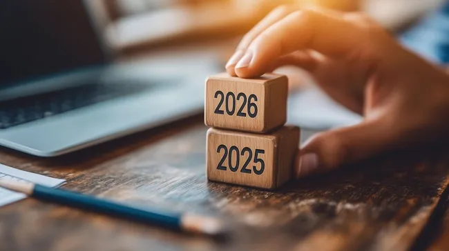 Planung für die Zukunft: Holzwürfel mit den Jahren 2025 und 2026