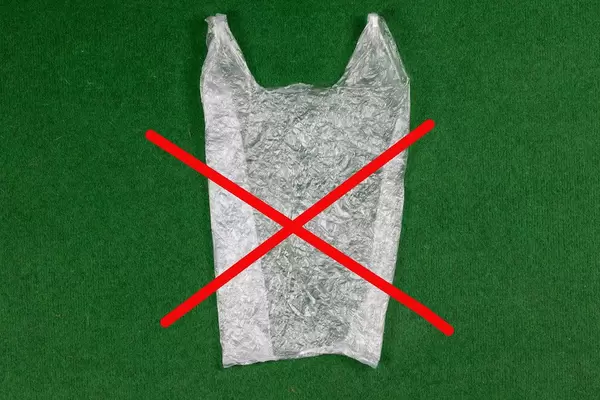 Plastic Bag with Red Cross on Green Background meaning No Plastic