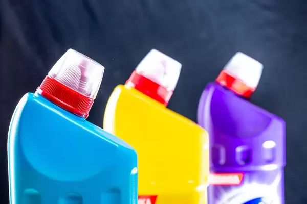 Plastic bottles with detergent for cleaning the toilet