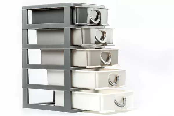 Plastic five drawers container on white background