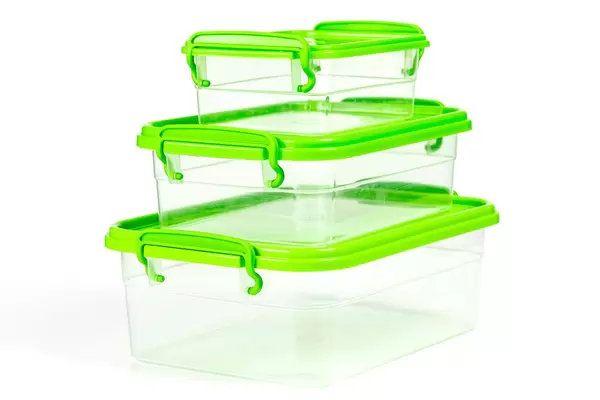 Plastic food containers on a white background (Flip 2020)