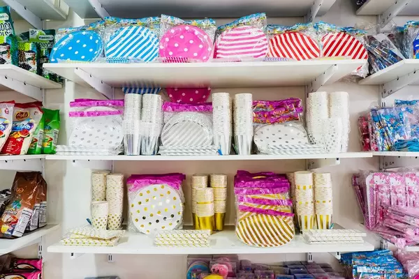 Plastic necessities for events on a shelf