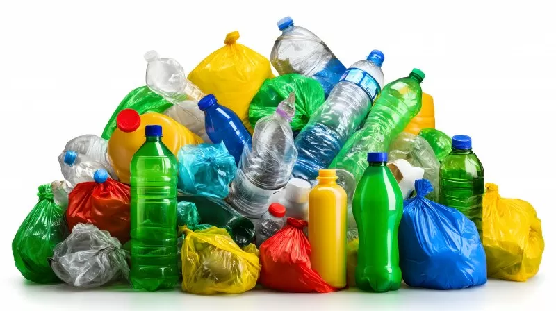 Plastic waste pile with bottles and bags