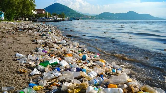 Plastikabfall am Meeresufer mit Bergen im Hintergrund