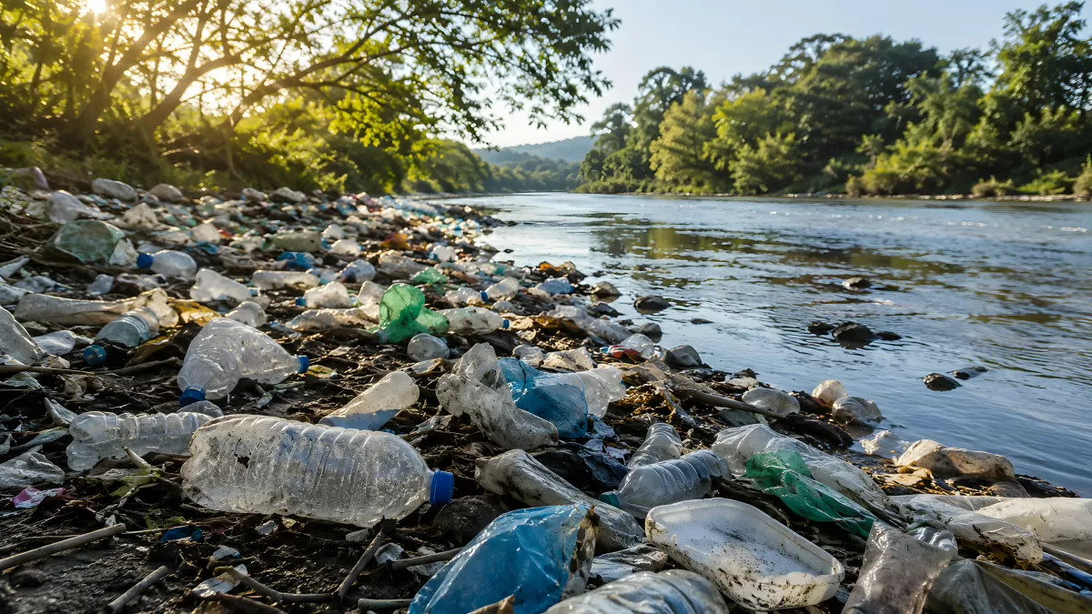 Plastikmüll am Flussufer inmitten grüner Natur