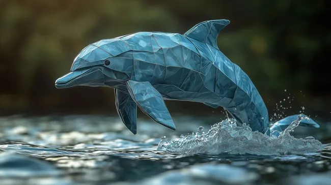 Plastischer Origami-Delfin im Sprung aus Wasser