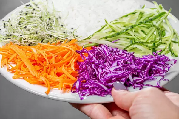 Plate of rice, vegetables and micro-green onions in a woman's hand (Flip 2019)