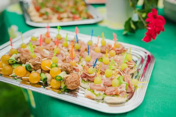Plate Of Yellow Tomatoes Canapes And Prosciutto Bread Canapes