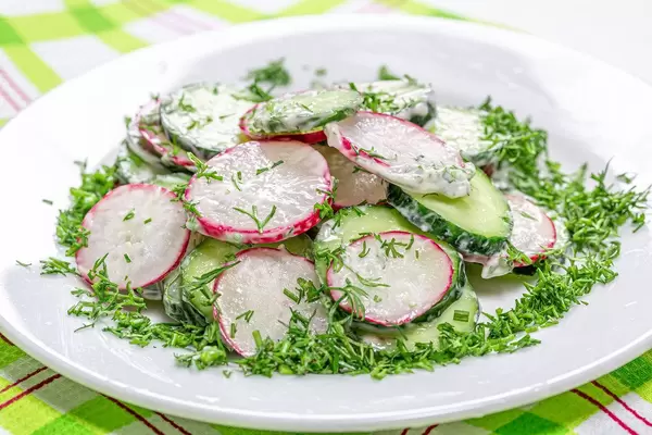 Plate with fresh salad with cucumber, radish and dill with yogurt sauce