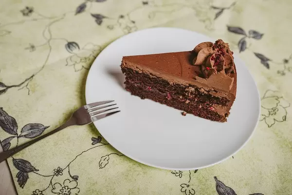 Plate with slice of tasty homemade chocolate cake_top view (Flip 2019)