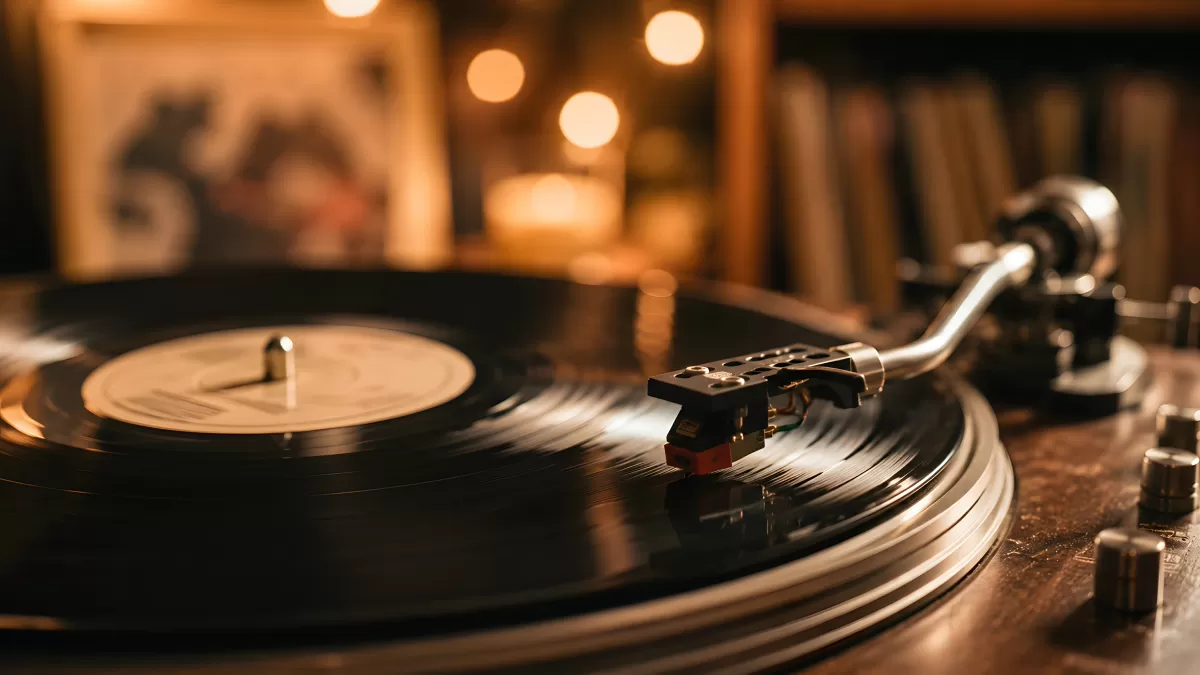Plattenspieler mit Vinyl-Schallplatte in warmem Licht