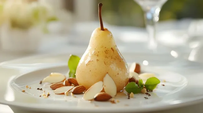 Pochierte Birne mit Mandeln und Kardamom auf weißem Teller