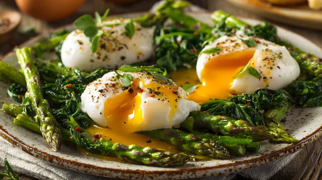 Pochierte Eier mit Spargel und Spinat auf Teller