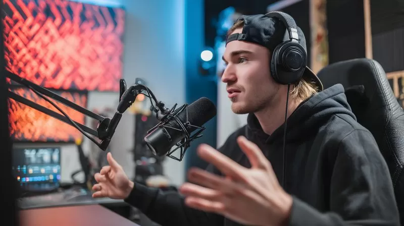 Podcaster mit Basecap spricht ins Mikrofon im Studio