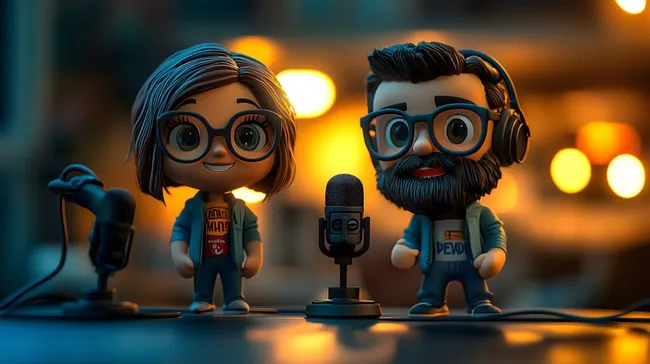 Podcaststudio mit kreativem Duo in stimmungsvoller Umgebung